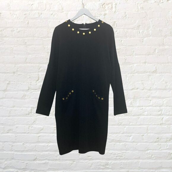Nina Patrick Sweater Dress L Wool Blend Gold Snap Detail Black Vintage - Picture 2 of 13